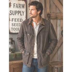 TreVero‎ Brown Linen Cotton Field Jacket Utility Barn Coat Distressed